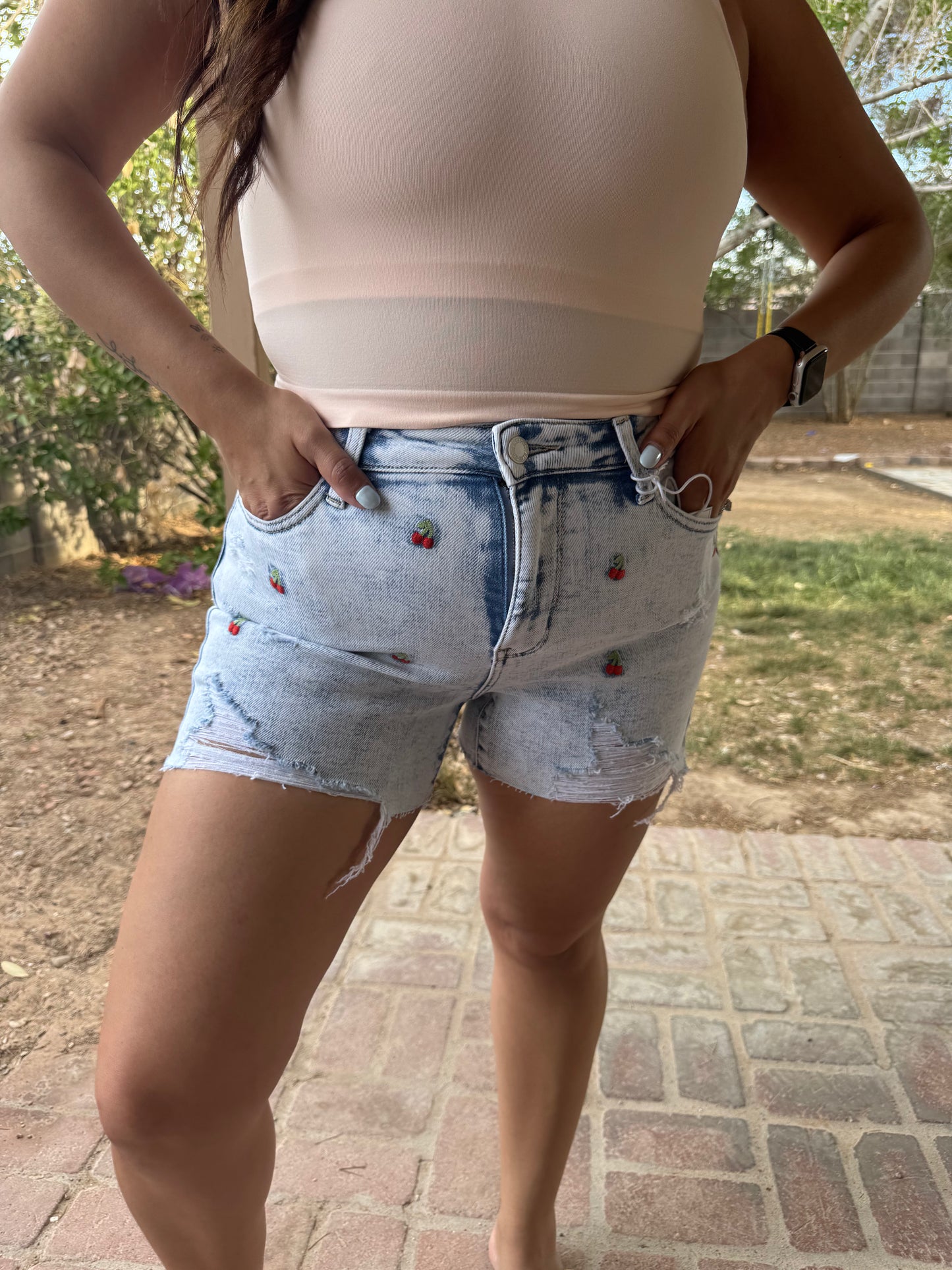 Cherry Distressed Shorts