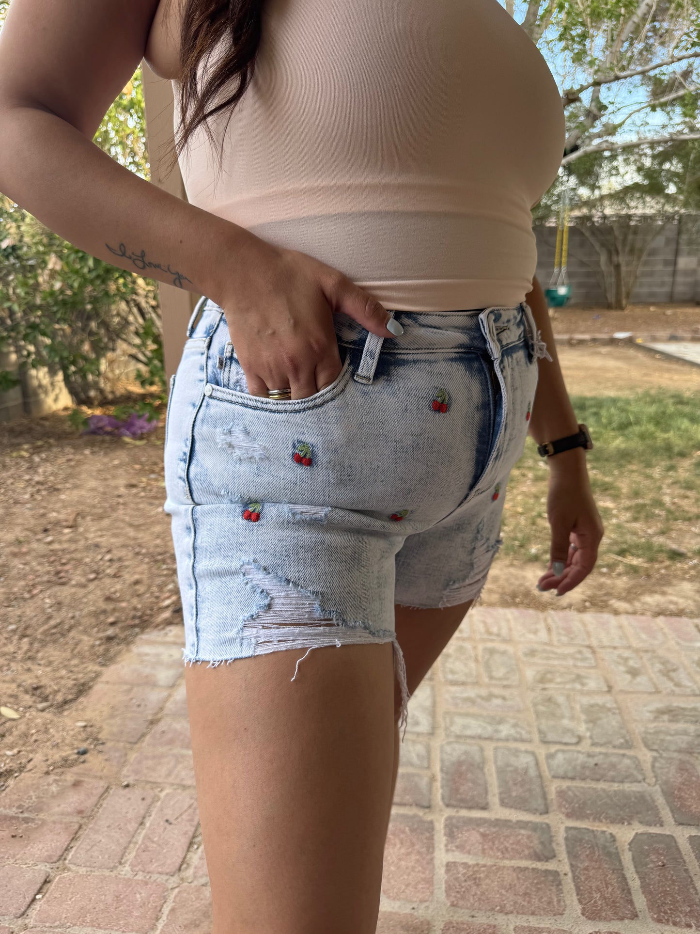 Cherry Distressed Shorts