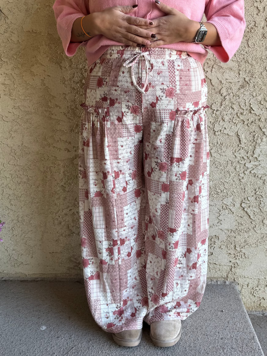 Fall Patchwork Pants - Soft Rose